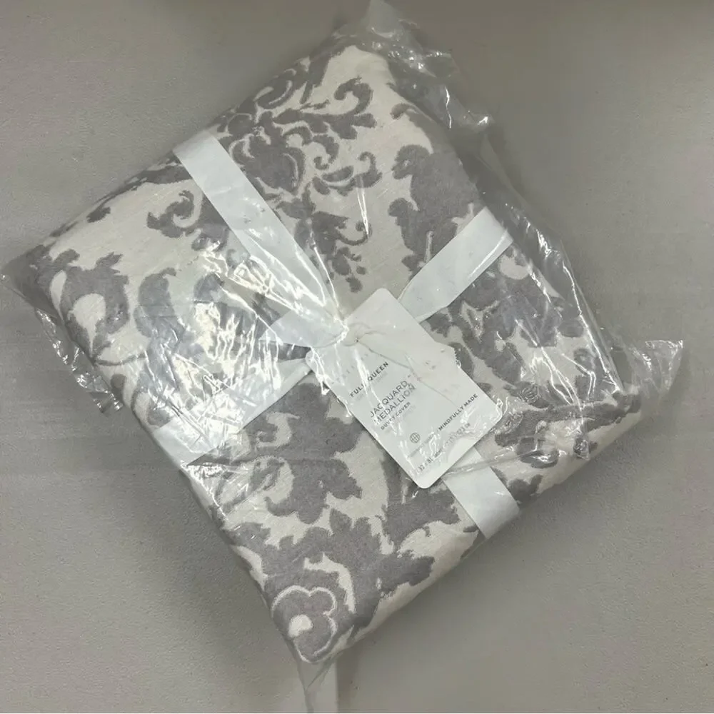 Pottery Barn Jacquard Medallion Cotton Linen Duvet Cover Gray White Damask NWT
